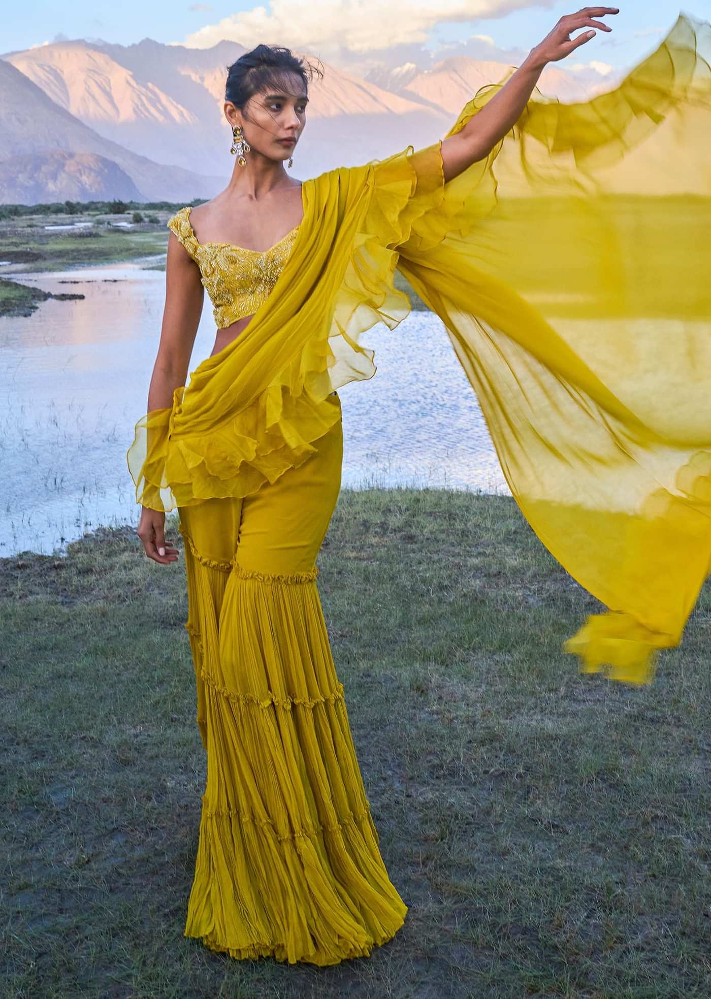Mustard Georgette Pre Draped Sharara With Embroidered Blouse
