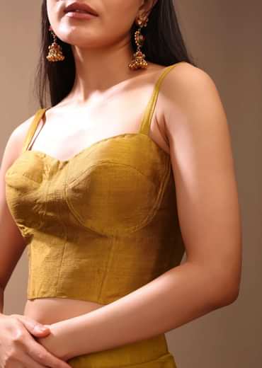 Mustard Gold Corset Top In Raw Silk With Strap Sleeves And Boning Detailing