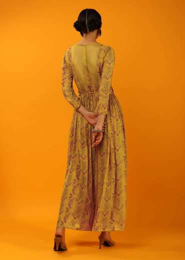 Mustard Jumpsuit In Georgette With Floral Print And Thread Embroidered Belt