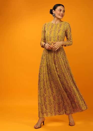 Mustard Jumpsuit In Georgette With Floral Print And Thread Embroidered Belt