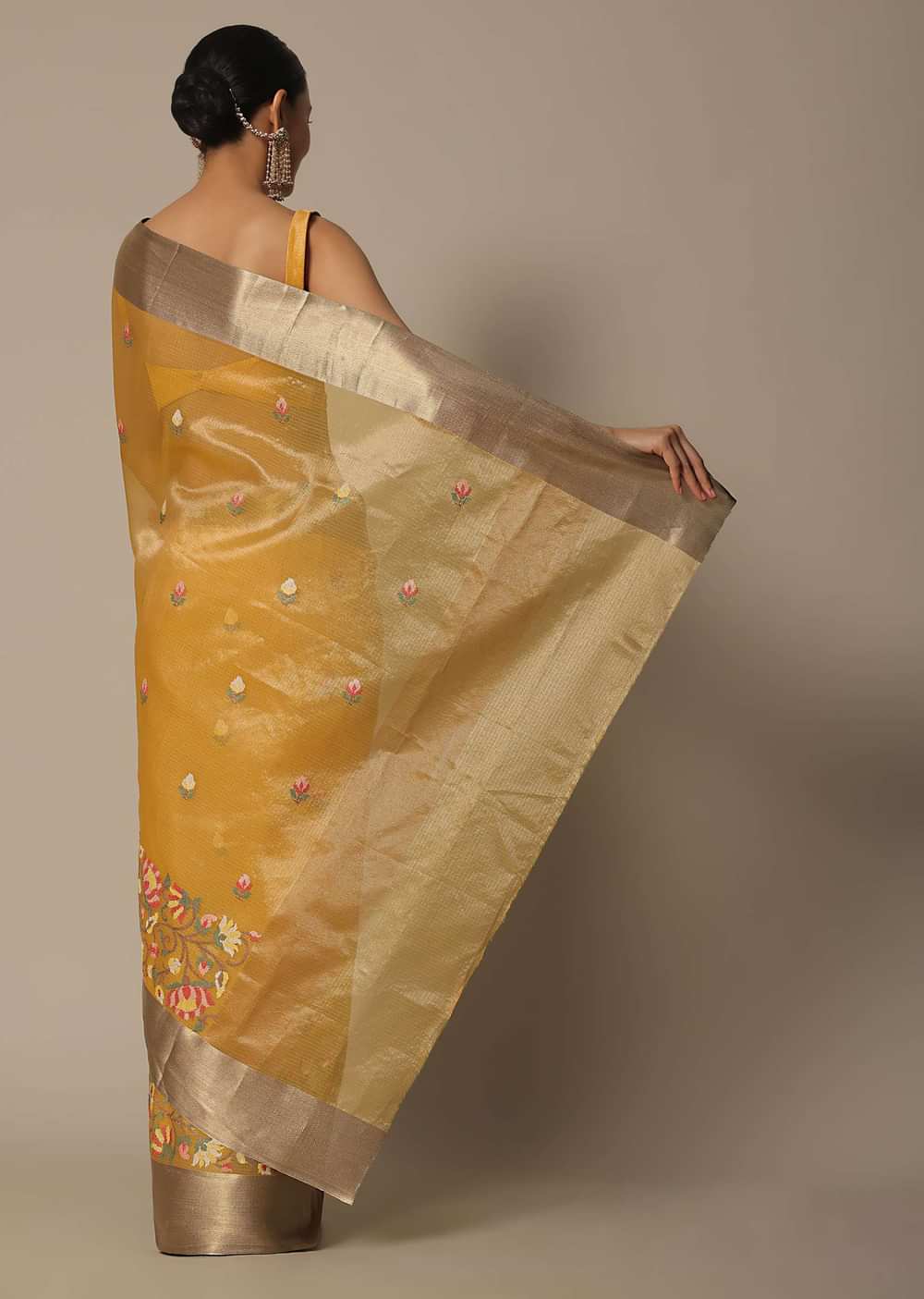 Mustard Kora Silk Saree With Multi-Color Thread Work