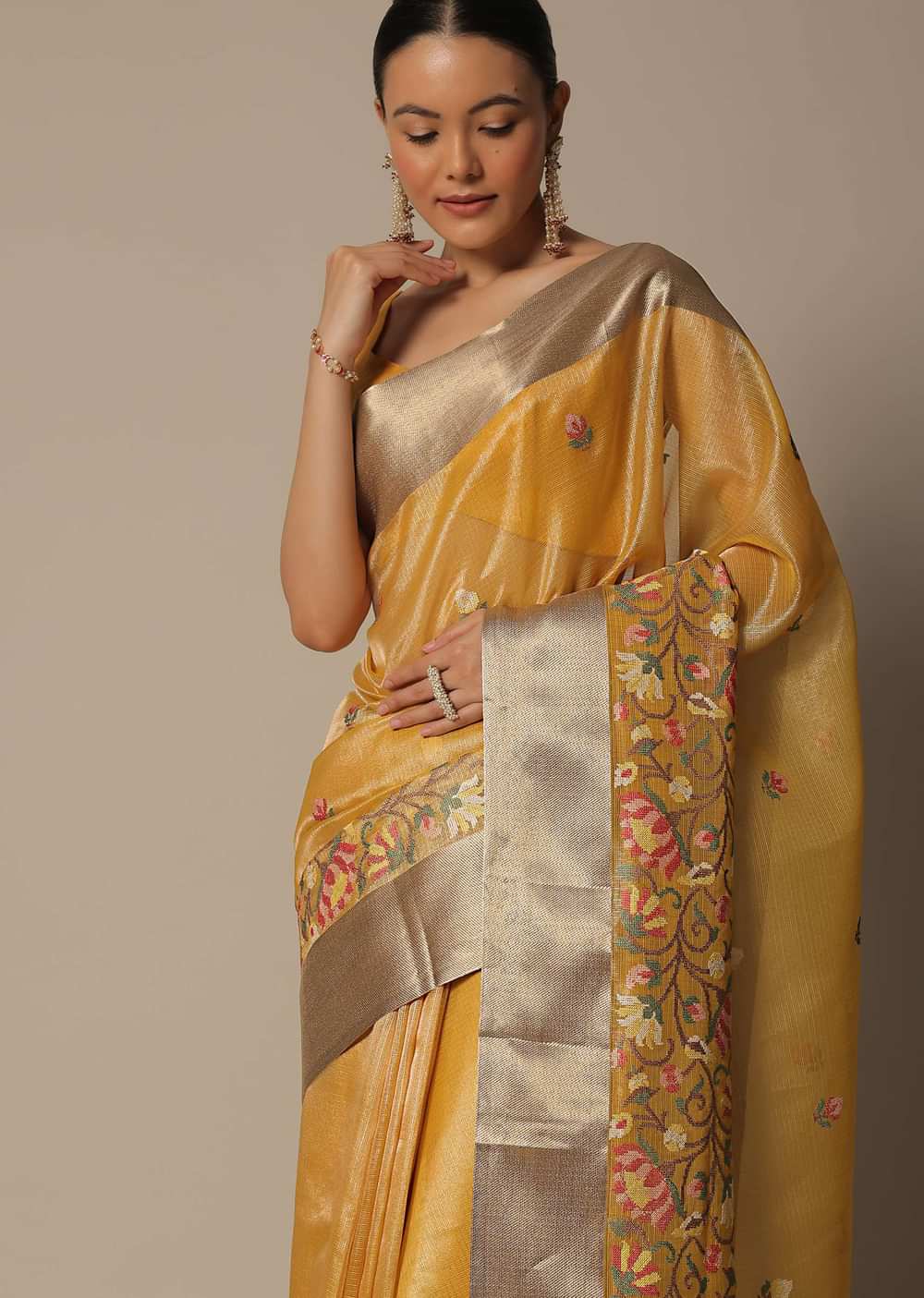 Mustard Kora Silk Saree With Multi-Color Thread Work