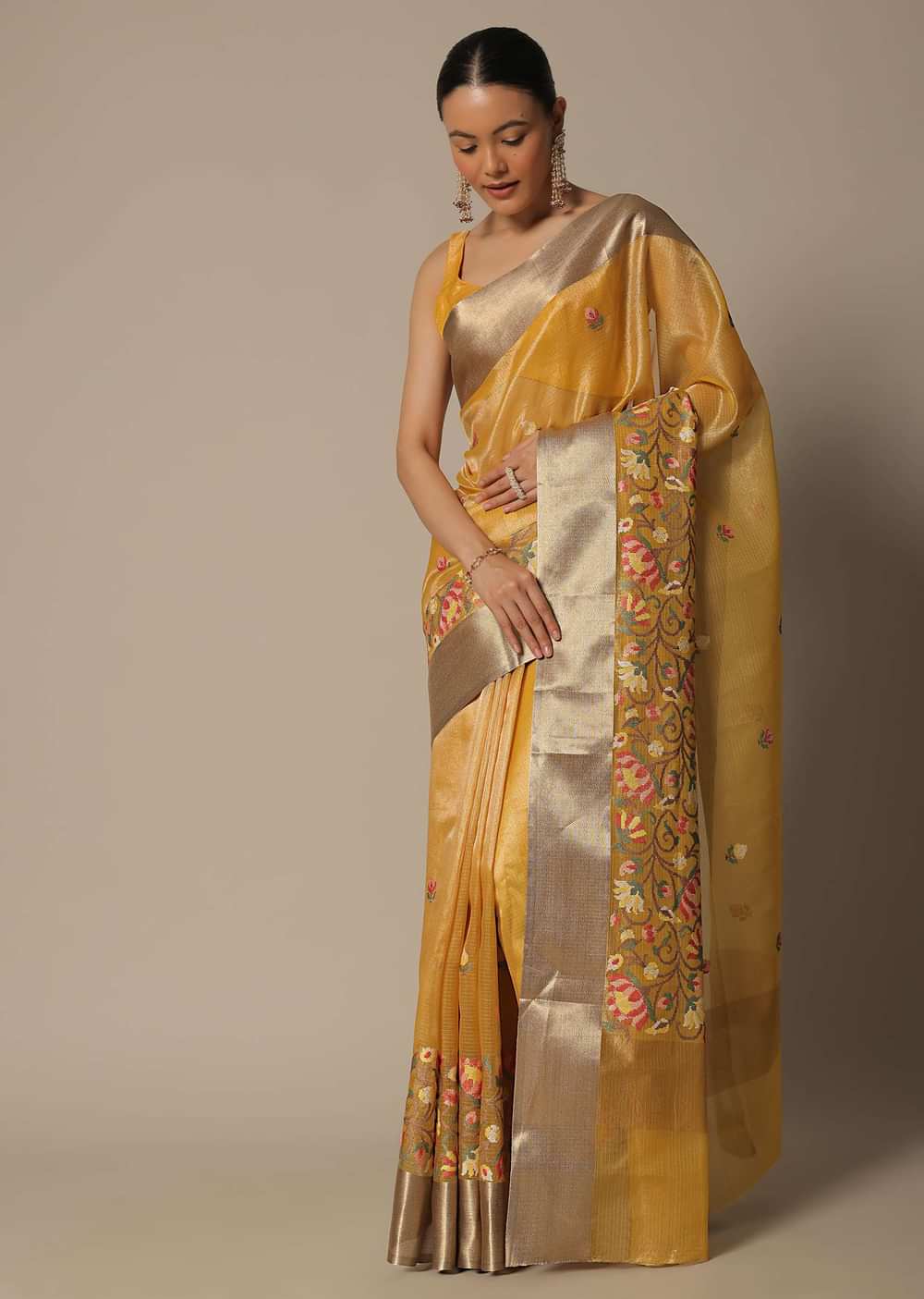 Mustard Kora Silk Saree With Multi-Color Thread Work