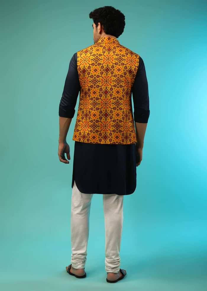 Mustard Nehru Jacket And Navy Blue Kurta Set With Patola Printed Jaal