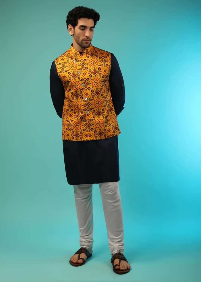 Mustard Nehru Jacket And Navy Blue Kurta Set With Patola Printed Jaal