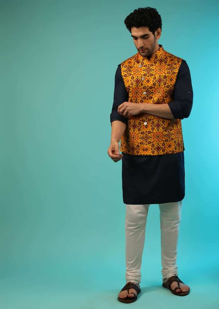 Mustard Nehru Jacket And Navy Blue Kurta Set With Patola Printed Jaal