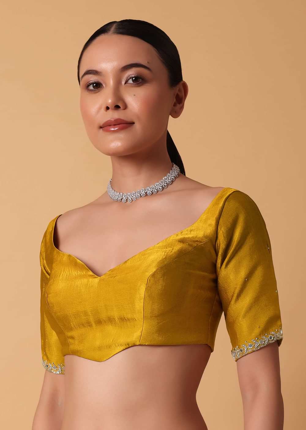 Mustard Satin Chinnon Saree With Mirror Detail Border And Unstitched Blouse Piece