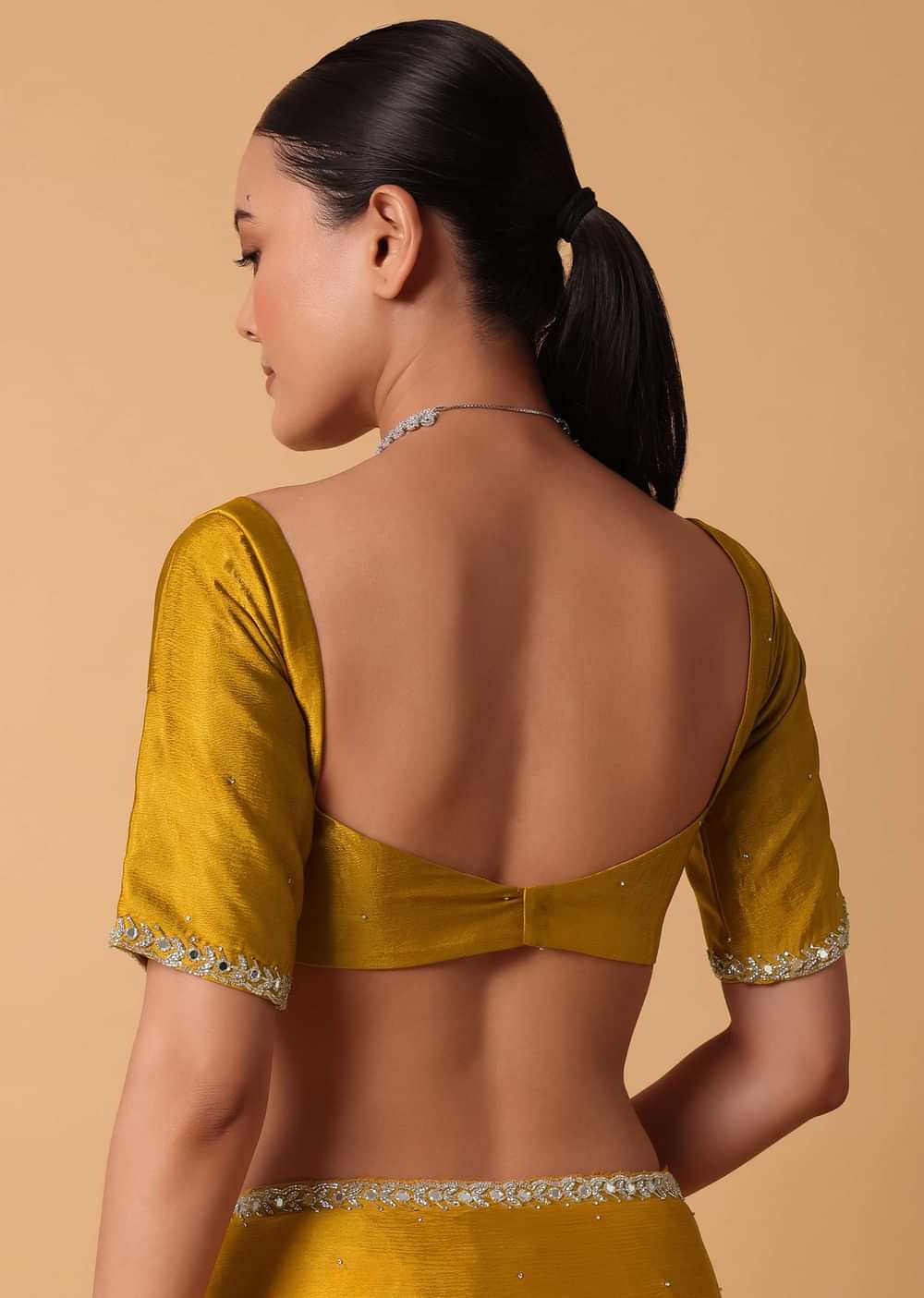 Mustard Satin Chinnon Saree With Mirror Detail Border And Unstitched Blouse Piece
