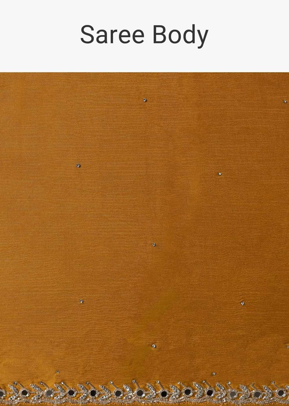 Mustard Satin Chinnon Saree With Mirror Detail Border And Unstitched Blouse Piece