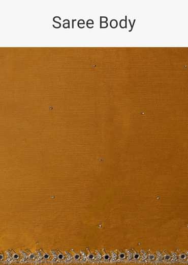 Mustard Satin Chinnon Saree With Mirror Detail Border And Unstitched Blouse Piece