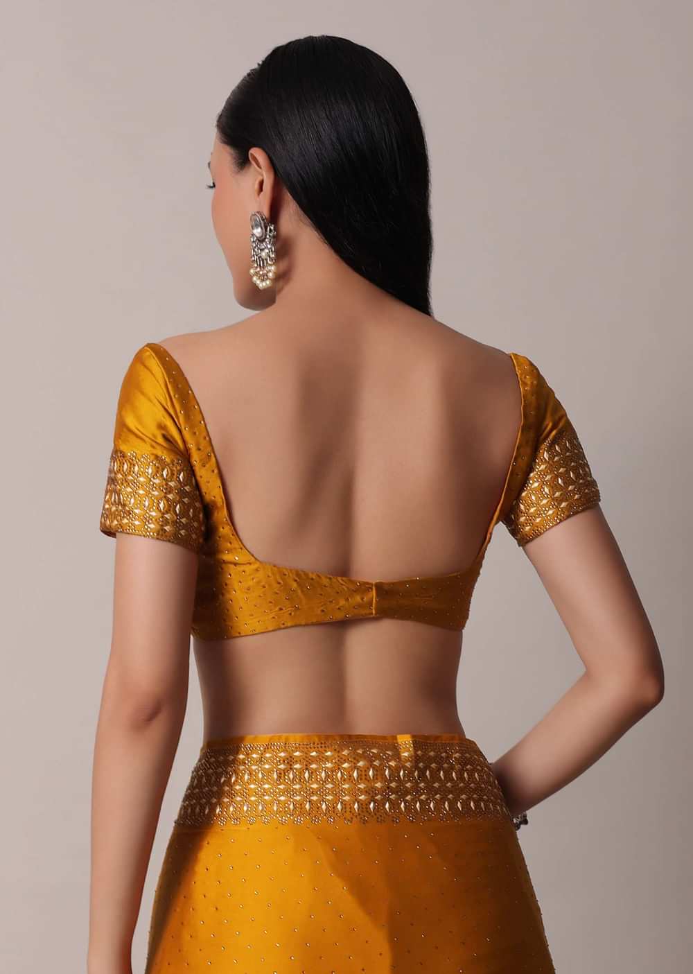 Mustard Satin Saree With Gold Tone Embellishments And Unstitched Blouse Piece
