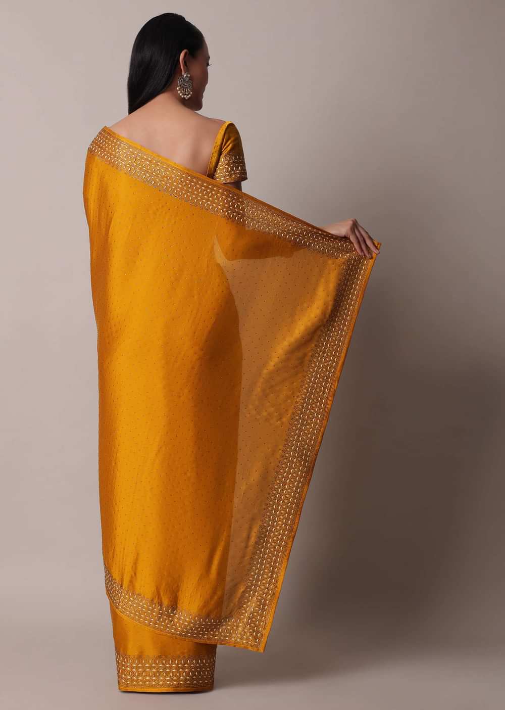 Mustard Satin Saree With Gold Tone Embellishments And Unstitched Blouse Piece