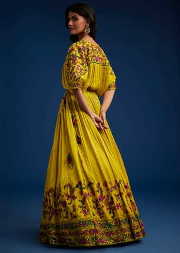 Mustard Silk Blend Crop Top And Skirt With Resham Work