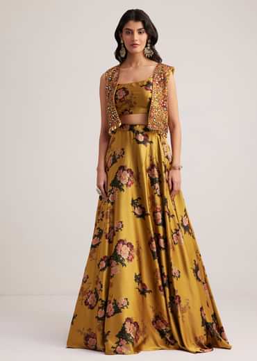 Mustard Silk Floral Skirt Set With Jacket And Mirror Work