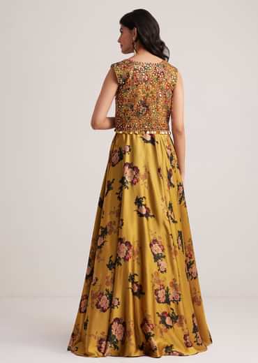 Mustard Silk Floral Skirt Set With Jacket And Mirror Work