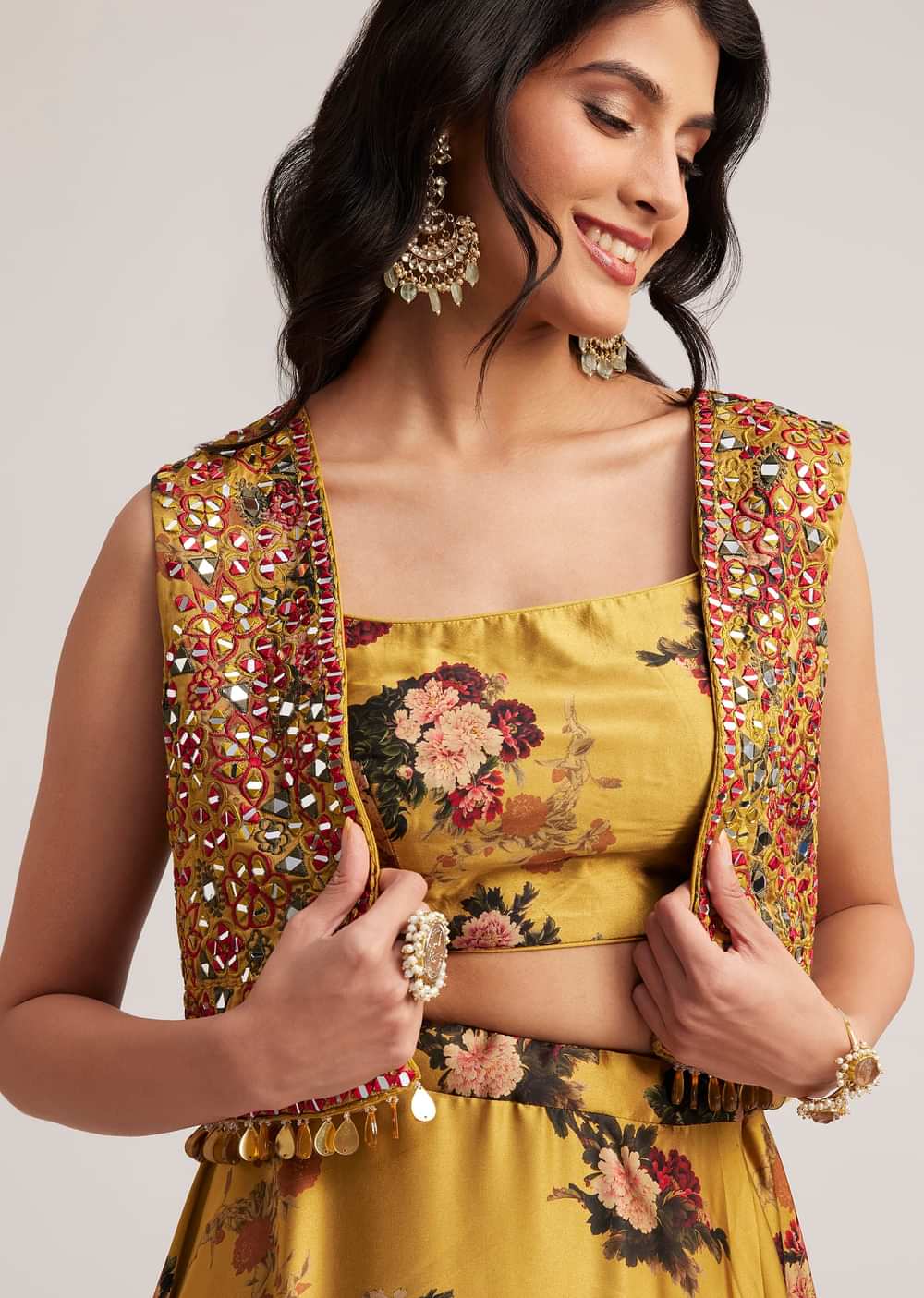 Mustard Silk Floral Skirt Set With Jacket And Mirror Work