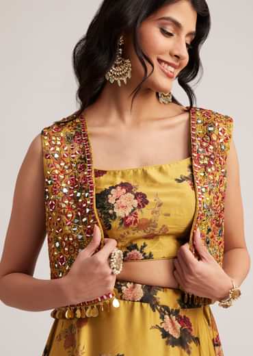 Mustard Silk Floral Skirt Set With Jacket And Mirror Work