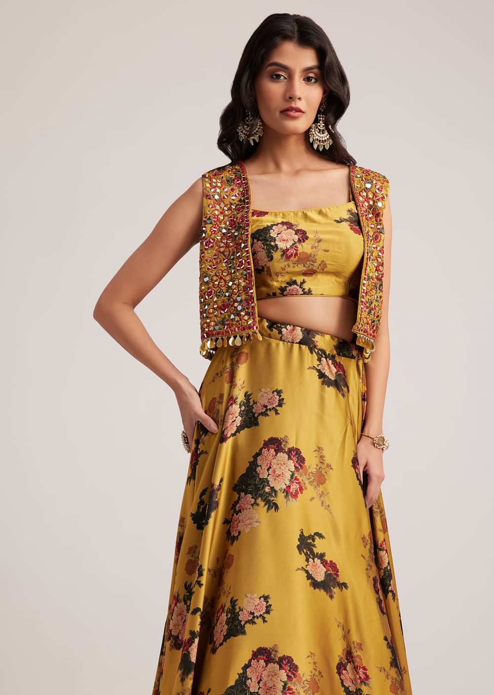 Mustard Silk Floral Skirt Set With Jacket And Mirror Work