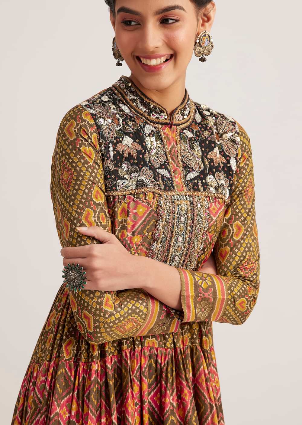 Mustard Silk Kurti With Multicolor Patola Print