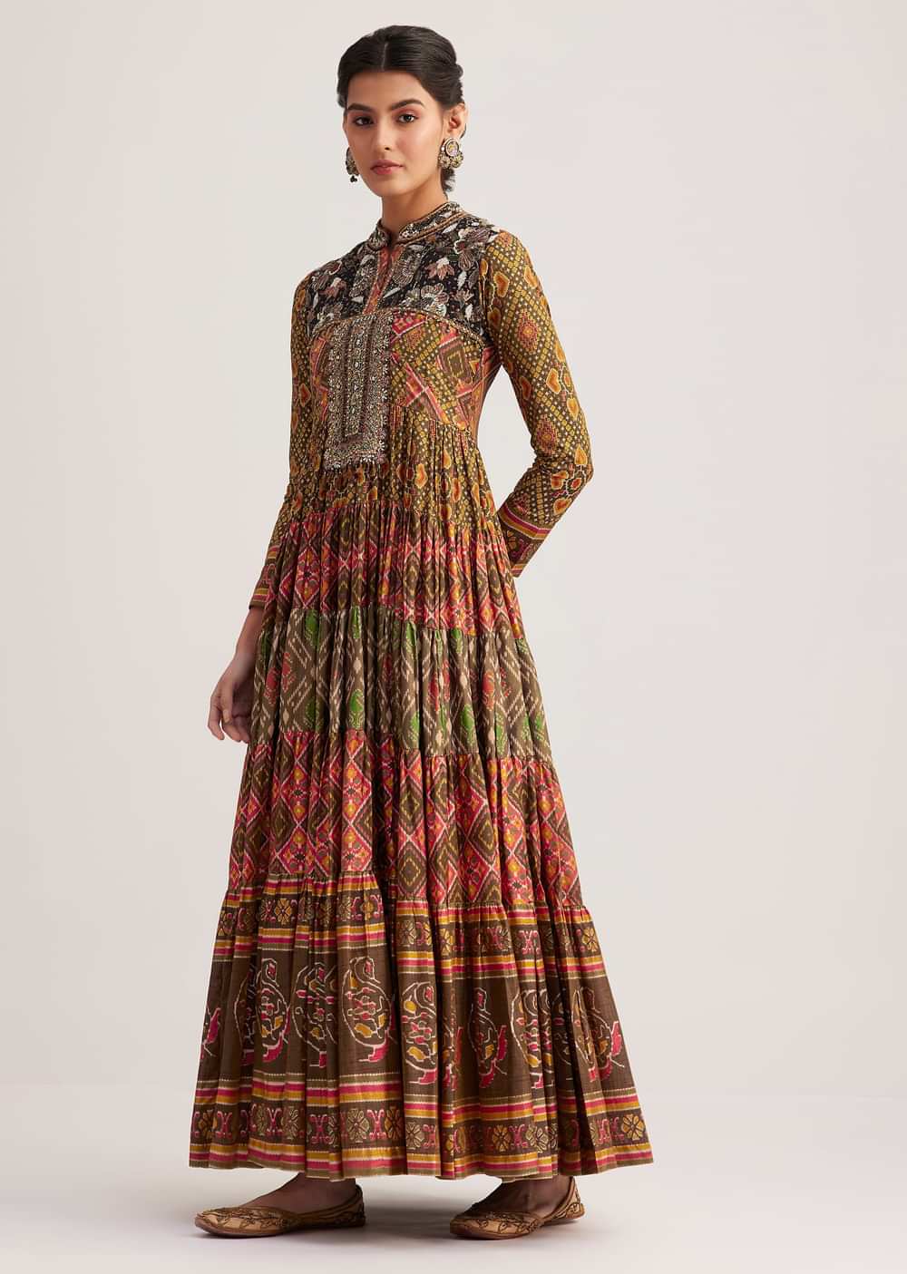 Mustard Silk Kurti With Multicolor Patola Print