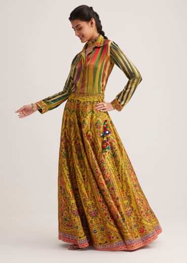 Mustard Silk Skirt Set With Print And Bead Details