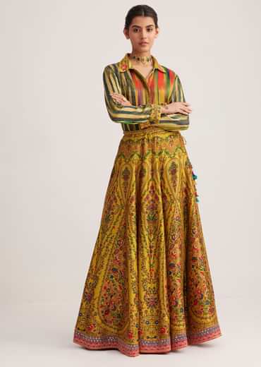 Mustard Silk Skirt Set With Print And Bead Details