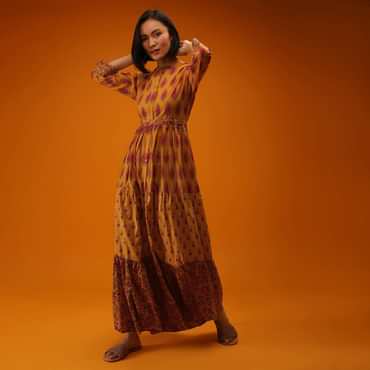 Mustard Tiered Dress In Cotton With Block Printed Paisley Buttis Online - Re By Kalki