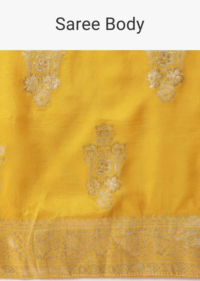 Mustard Yellow Banarasi Silk Saree With Zari Floral Motifs And Unstitched Blouse Piece