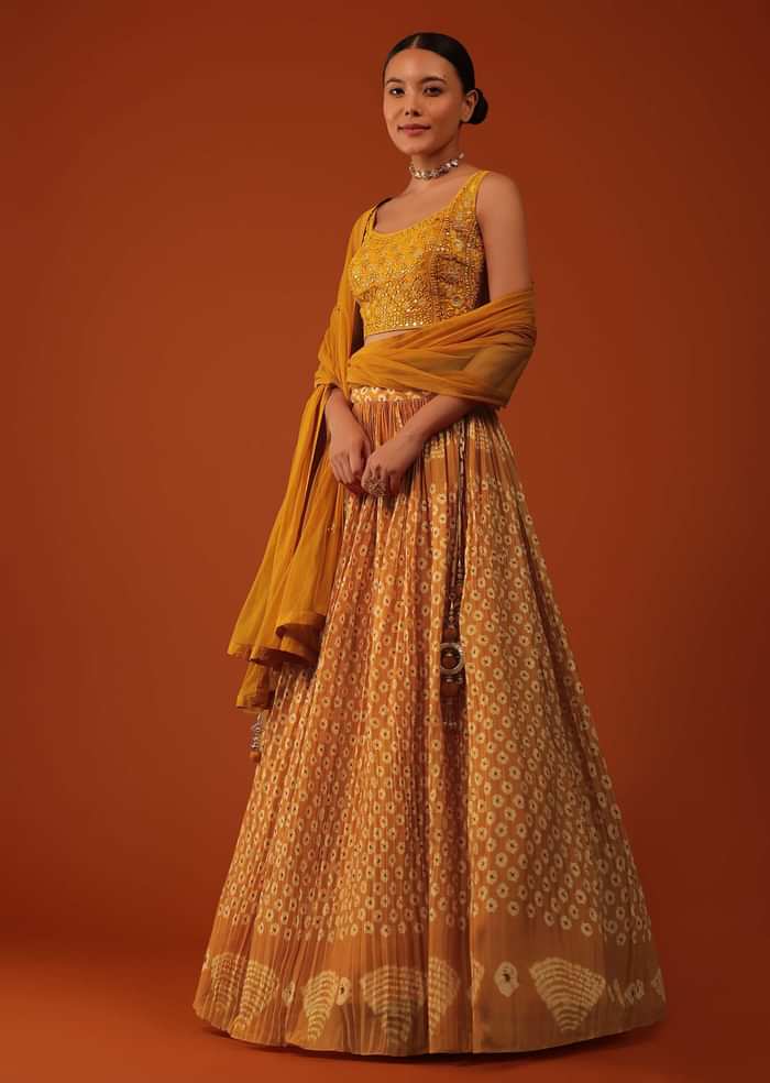 Mustard Yellow Bandhani Printed Lehenga And Blouse Set In Silk