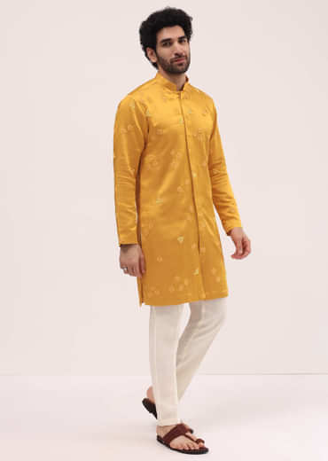 Mustard Yellow Bud Embroidered Silk Kurta Set For Men