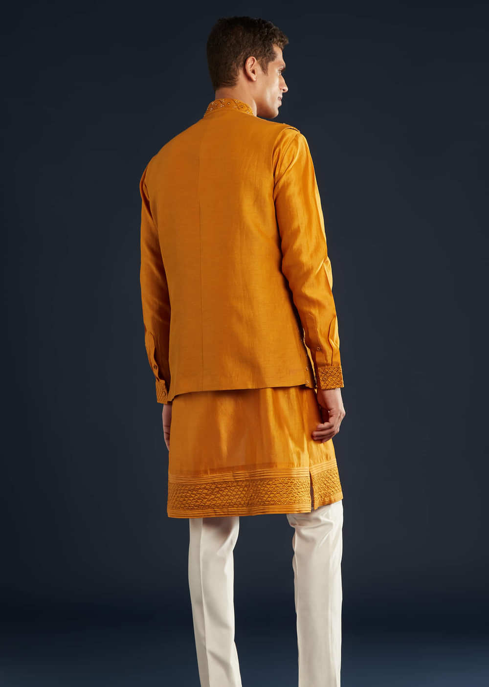 Mustard Yellow Chanderi Jacket Kurta Set With Dori Work