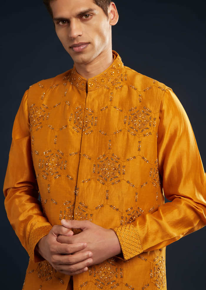 Mustard Yellow Chanderi Jacket Kurta Set With Dori Work