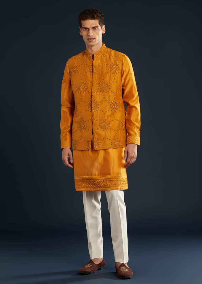 Mustard Yellow Chanderi Jacket Kurta Set With Dori Work