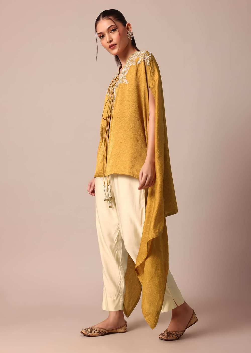 Mustard Yellow Crop Top With Embroidered Jacket And Pants Set