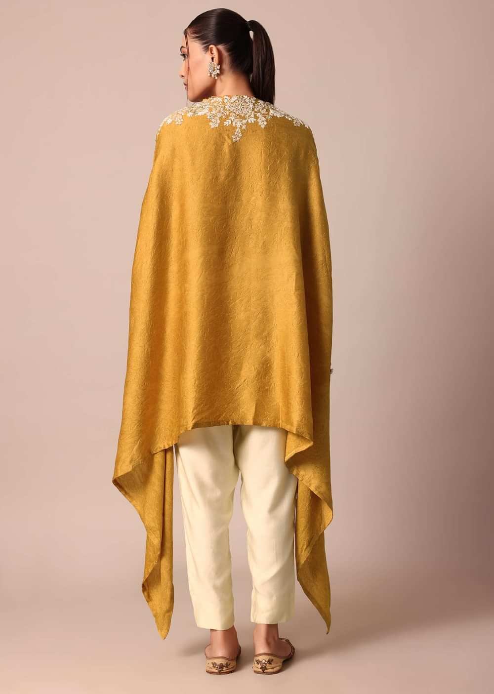 Mustard Yellow Crop Top With Embroidered Jacket And Pants Set