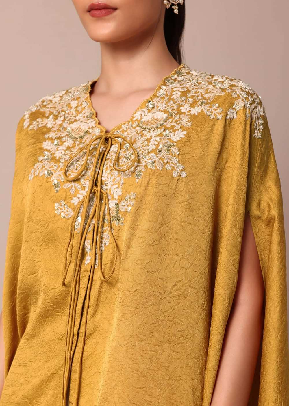 Mustard Yellow Crop Top With Embroidered Jacket And Pants Set