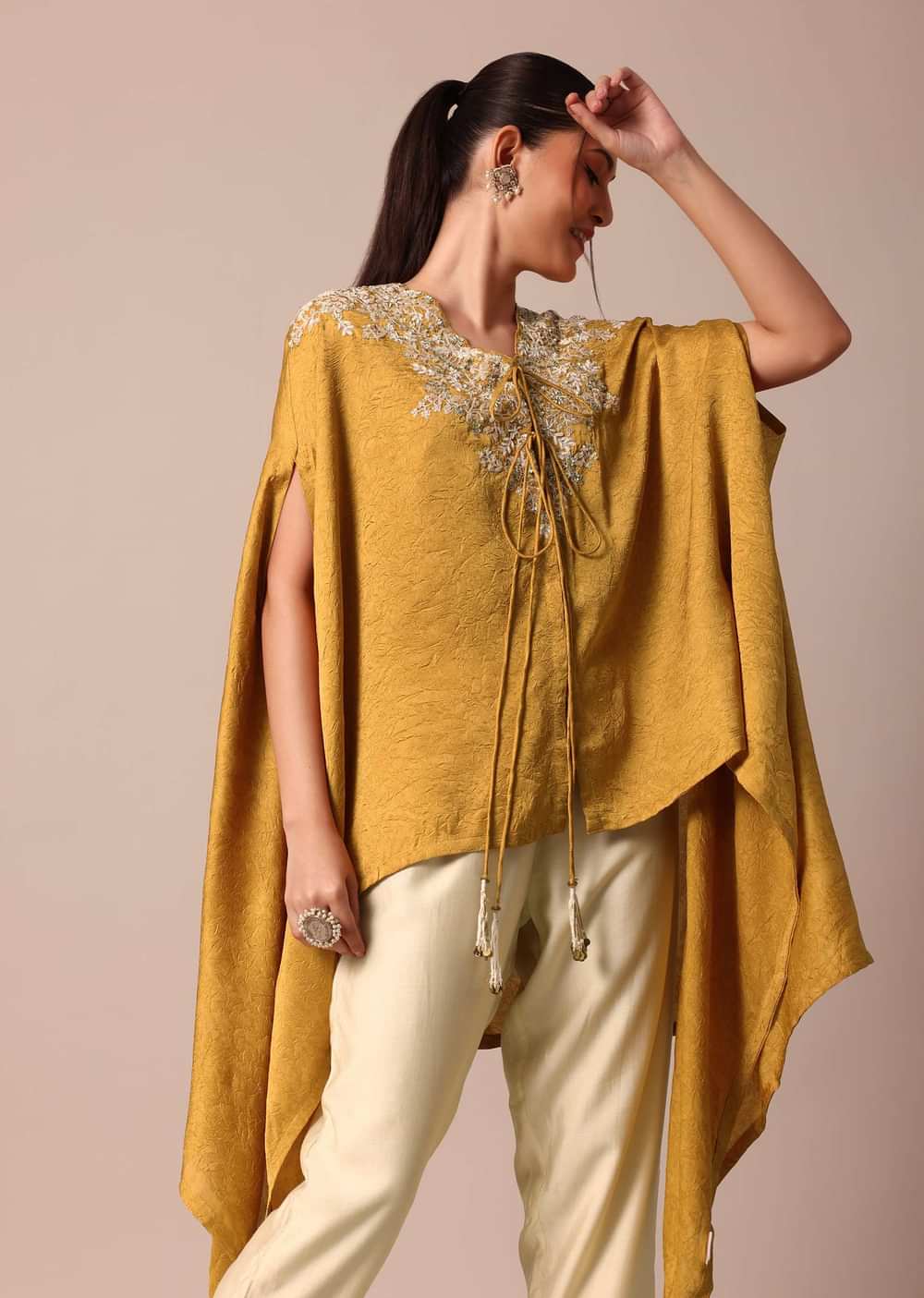 Mustard Yellow Crop Top With Embroidered Jacket And Pants Set