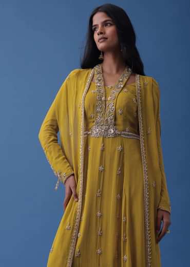 Mustard Yellow Embroidered Indowestern Dress And Cape In Georgette
