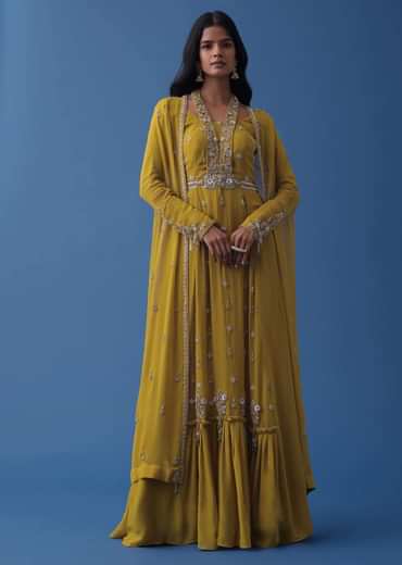 Mustard Yellow Embroidered Indowestern Dress And Cape In Georgette