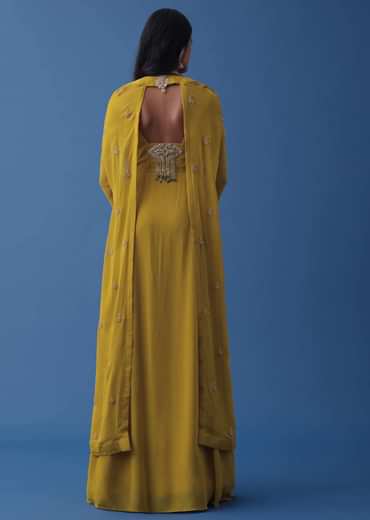 Mustard Yellow Embroidered Indowestern Dress And Cape In Georgette