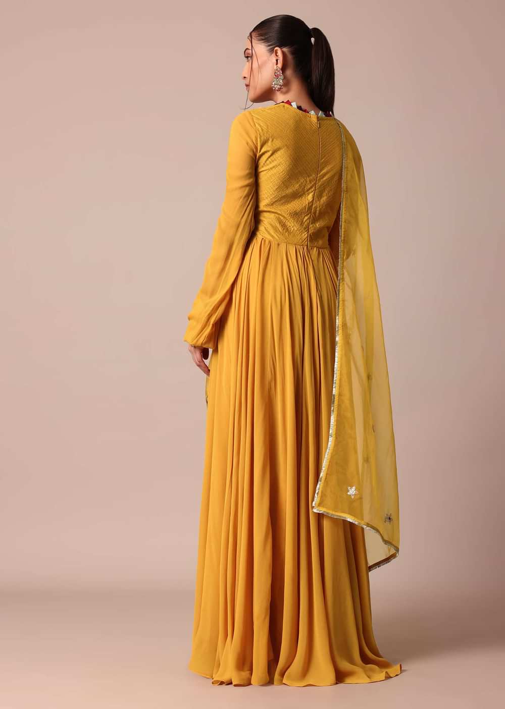 Mustard Yellow Embroidered Anarkali With Organza Dupatta