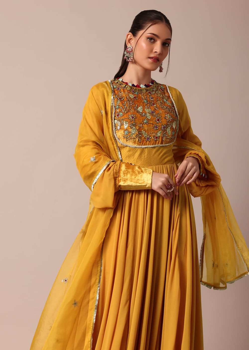 Mustard Yellow Embroidered Anarkali With Organza Dupatta