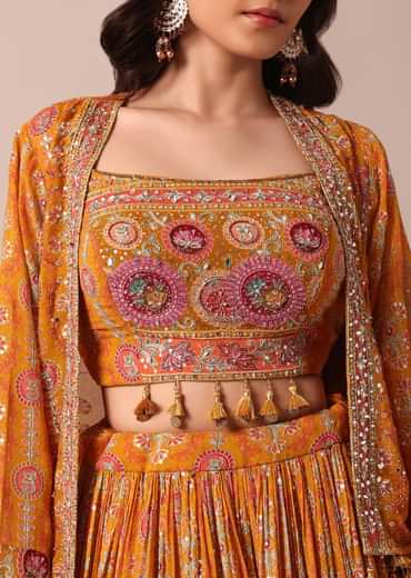 Mustard Yellow Embroidered Choli With Printed Jacket And Lehenga