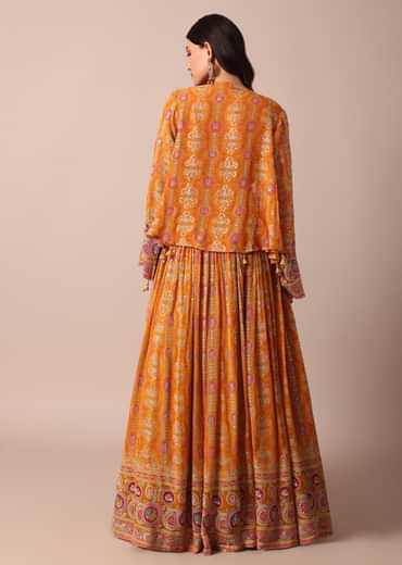 Mustard Yellow Embroidered Choli With Printed Jacket And Lehenga