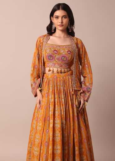 Mustard Yellow Embroidered Choli With Printed Jacket And Lehenga