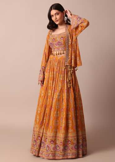 Mustard Yellow Embroidered Choli With Printed Jacket And Lehenga