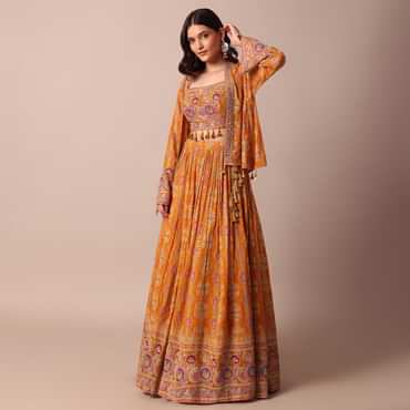 Mustard Yellow Embroidered Choli With Printed Jacket And Lehenga