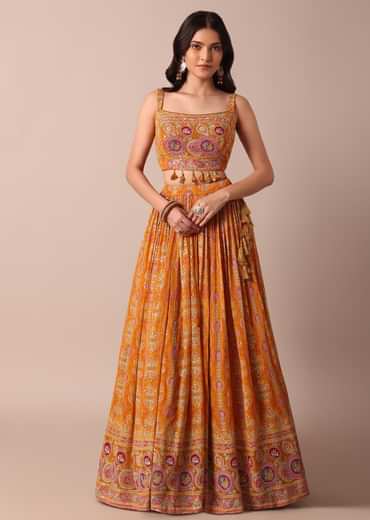 Mustard Yellow Embroidered Choli With Printed Jacket And Lehenga