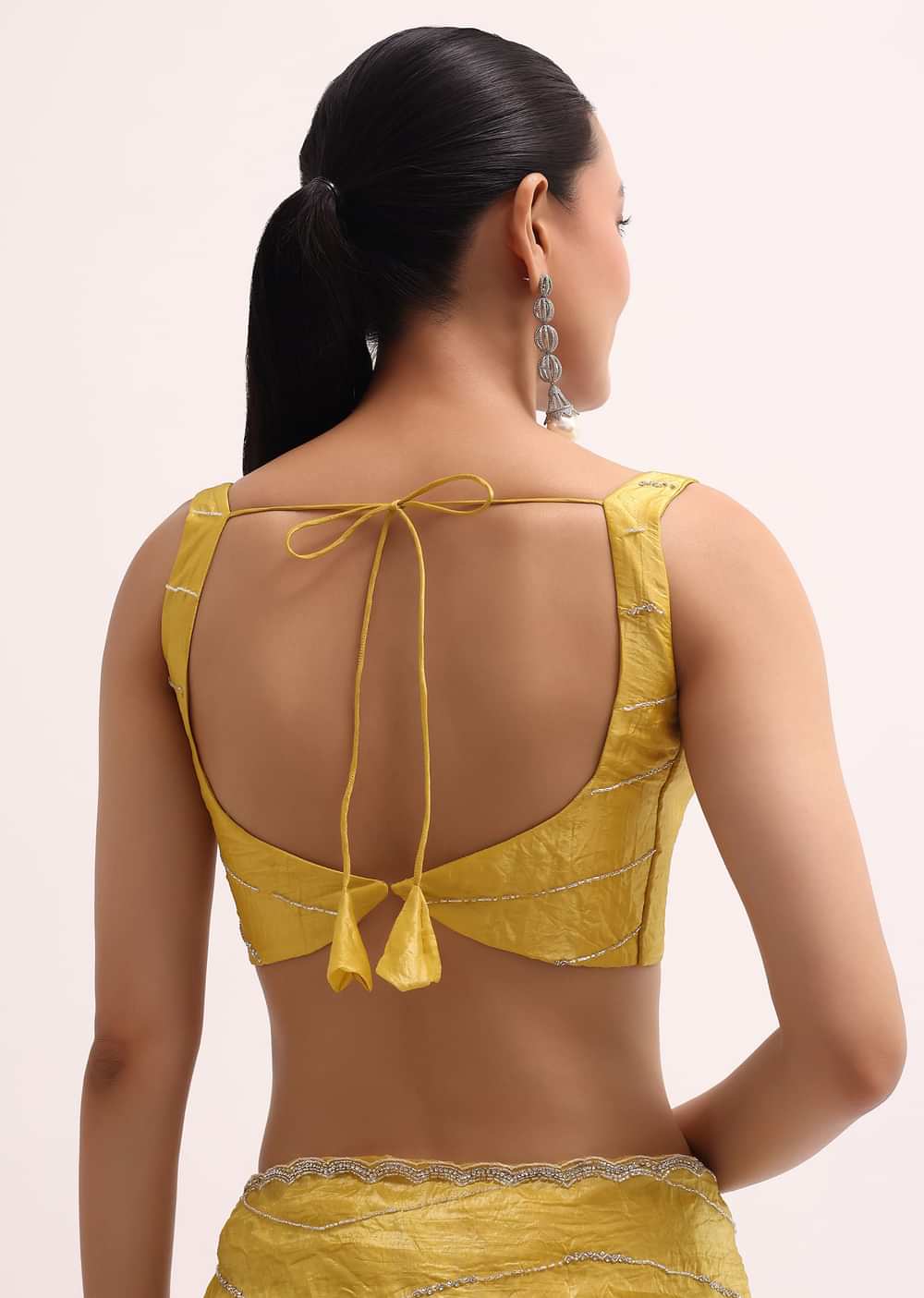 Mustard Yellow Embroidered Crepe Saree With Unstitched Blouse