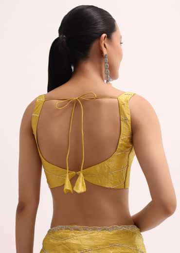 Mustard Yellow Embroidered Crepe Saree With Unstitched Blouse